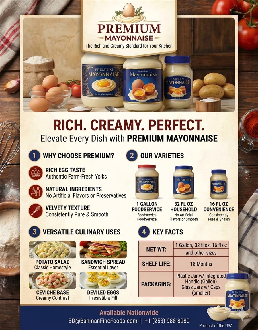 Premium mayonnaise in foodservice, household and convenience sizes