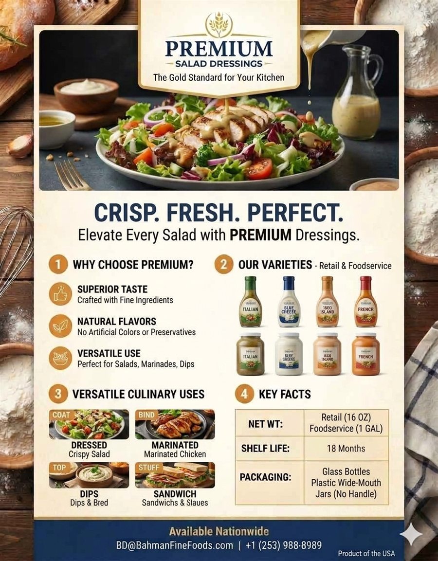 Premium Italian, blue cheese, thousand island and French salad dressings